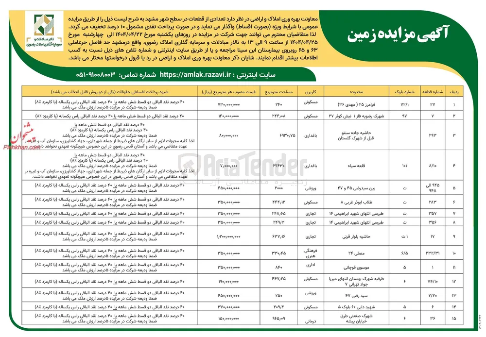 فروش تعدادی از قطعات در 15 ردیف با کاربری مسکونی، باغداری ، ورزشی، تجاری، فرهنگی هنری، داری، درمانی