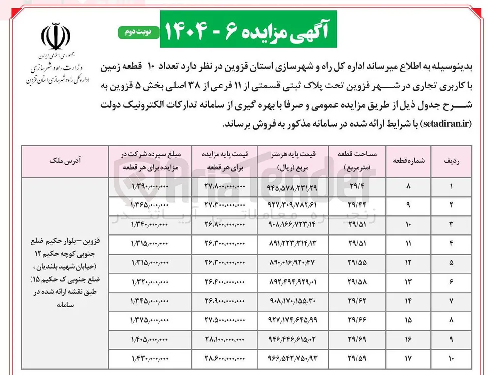 فروش تعداد ۱۰ قطعه زمین با کاربری تجاری تحت پلاک ثبتی قسمتی از ۱۱ فرعی از ۳۸ اصلی 
