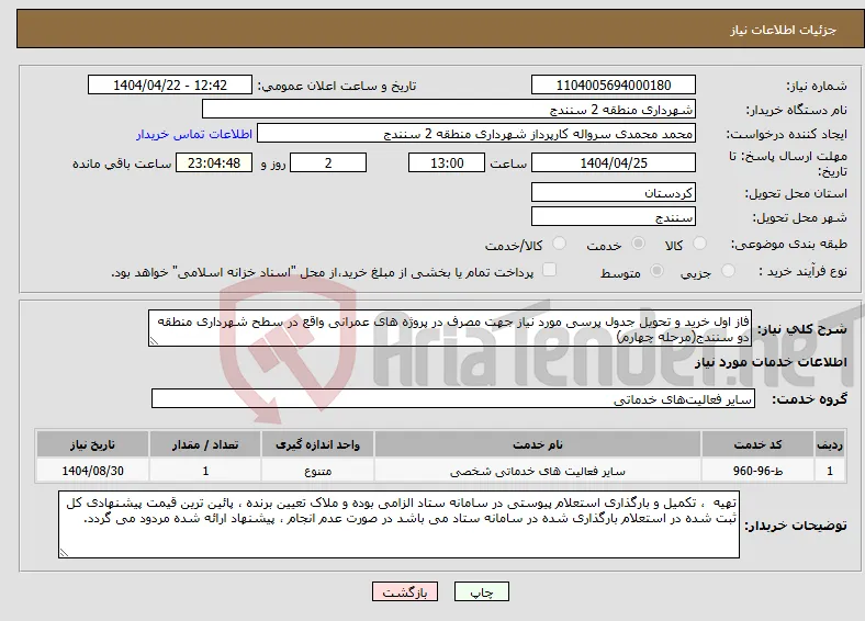 نیاز انتخاب تامین کننده-فاز اول خرید و تحویل جدول پرسی مورد نیاز جهت مصرف در پروژه های عمرانی واقع در سطح شهرداری منطقه دو سنندج(مرحله چهارم)