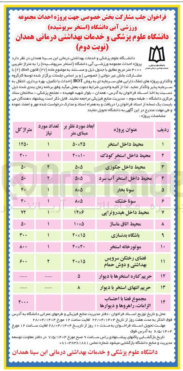 جلب مشارکت بخش خصوصی جهت پروژه احداث حریم انتهای استخر با دیوار (استخر سرپوشیده) به روش BOT (احداث یا تکمیل بهره برداری انتقال به و سرمایه پذیر)