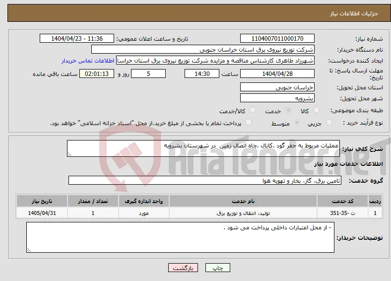 نیاز انتخاب تامین کننده-عملیات مربوط به حفر گود ،کانال ،چاه اتصال زمین در شهرستان بشرویه 