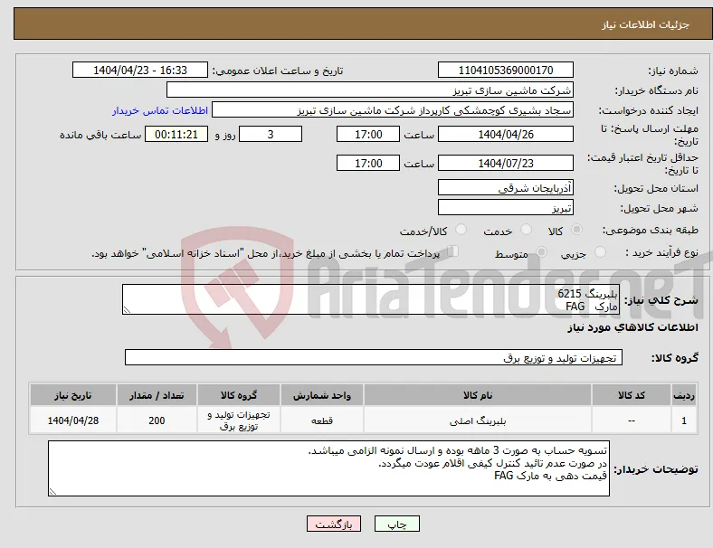 نیاز انتخاب تامین کننده-بلبرینگ 6215 مارک FAG
