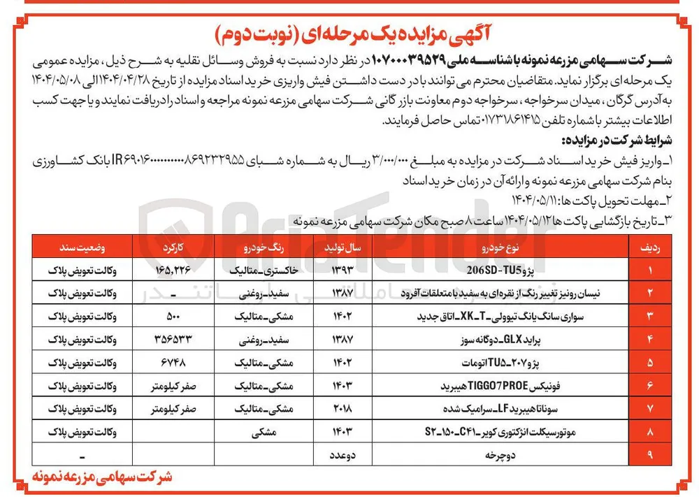 فروش وسائل نقلیه در 9 ردیف شامل : سواری سانگ یانگ تیوولی - T - XK - اتاق جدید - پراید GLX دوگانه سوز - پژو ۲۰۷ - TU۵ اتومات - فونیکس TIGGO7PROE هیبرید - سوناتا هیبرید LF - سرامیک شده - موتور سیکلت انژکتوری کویر و...
