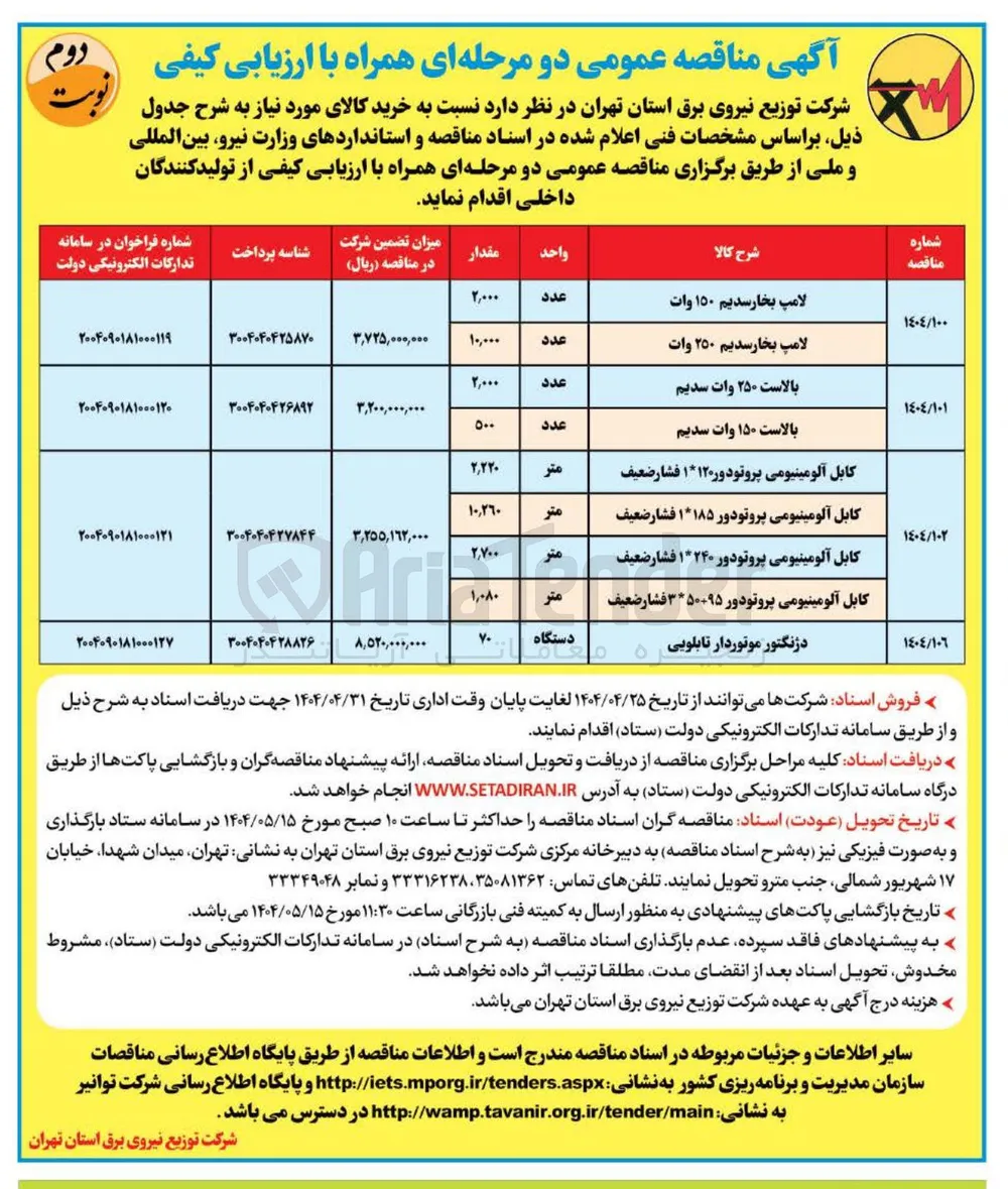 لامپ بخار سدیم ۲۵۰ وات 
