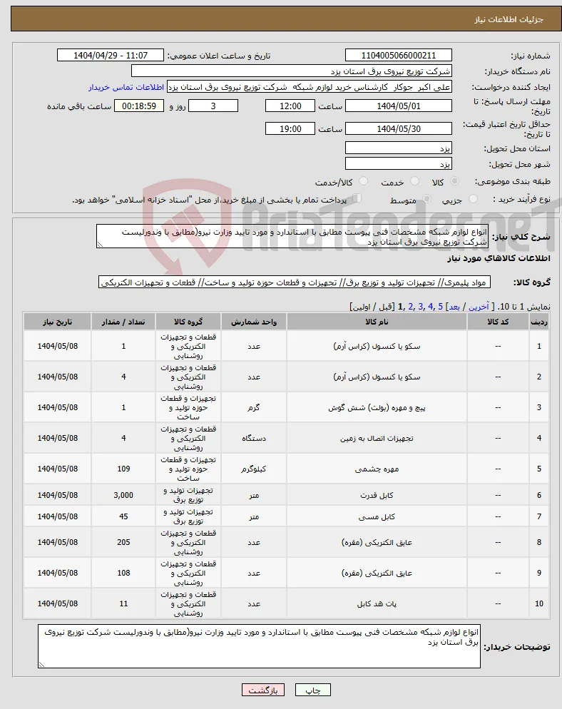 نیاز انتخاب تامین کننده-انواع لوازم شبکه مشخصات فنی پیوست مطابق با استاندارد و مورد تایید وزارت نیرو(مطابق با وندورلیست شرکت توزیع نیروی برق استان یزد 