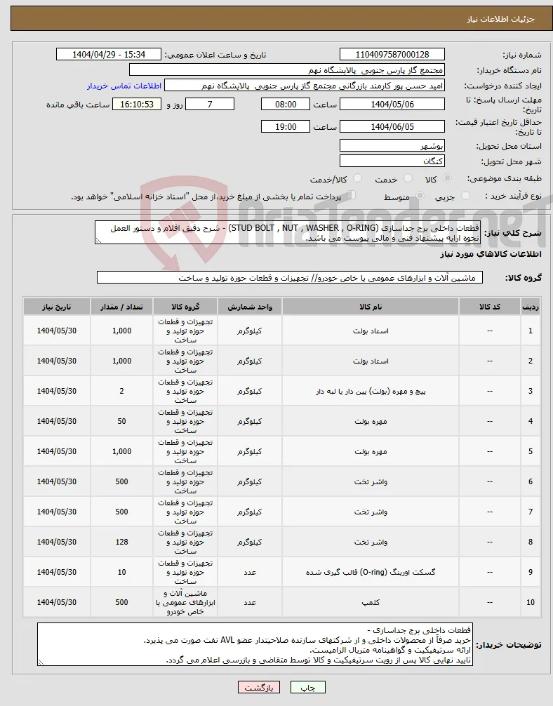 نیاز انتخاب تامین کننده-قطعات داخلی برج جداسازی (STUD BOLT , NUT , WASHER , O-RING) - شرح دقیق اقلام و دستور العمل نحوه ارایه پیشنهاد فنی و مالی پیوست می باشد.