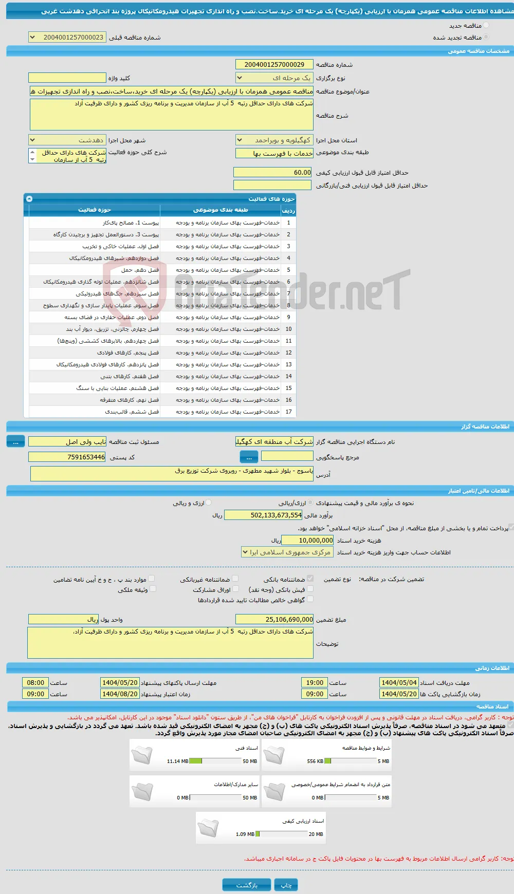 مناقصه عمومی همزمان با ارزیابی (یکپارچه) یک مرحله ای خرید،ساخت،نصب و راه اندازی تجهیزات هیدرومکانیکال پروژه بند انحرافی دهدشت غربی