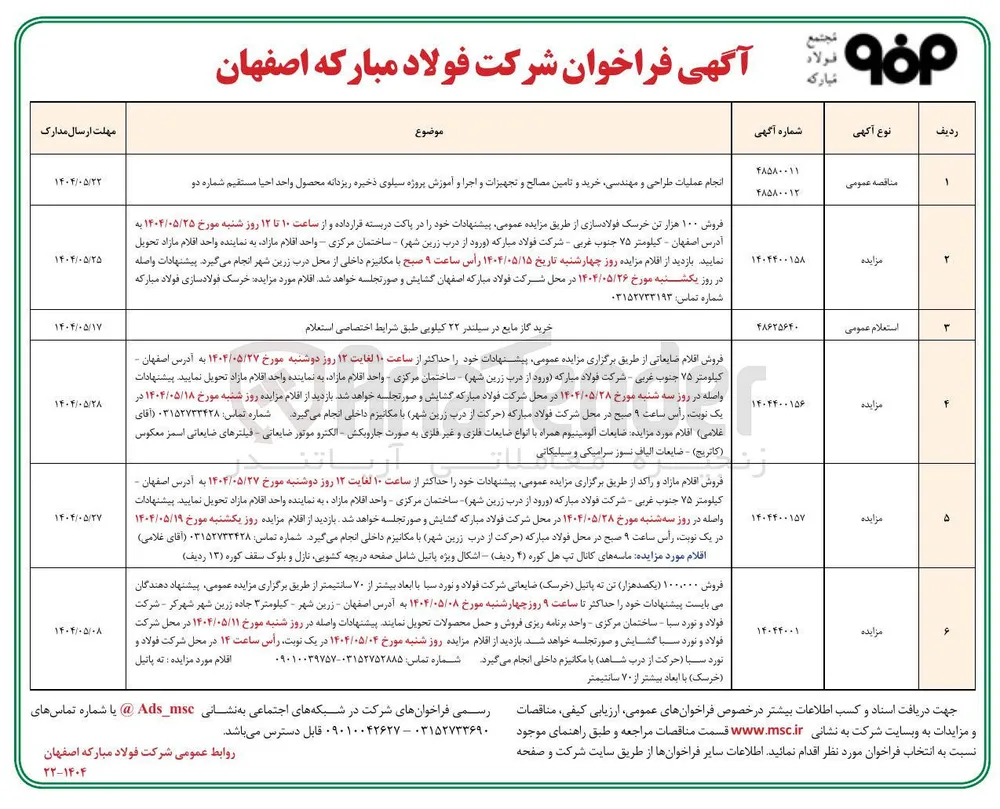 فروش اقلام ضایعاتی شامل :  ضایعات آلومینیوم همراه با انواع ضایعات فلزی و غیر فلزی به صورت جاروبکش - الکترو موتور ضایعاتی - فیلترهای ضایعاتی اسمز معکوس ( کاتریج ) - ضایعات الیاف نسوز سرامیکی و سیلیکانی