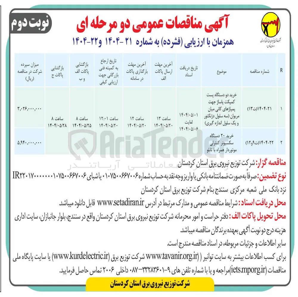 خرید ۲۰ دستگاه سکسیونر کنترلی موتوردار همراه با تابلو 