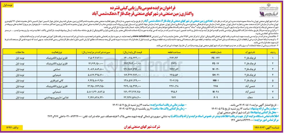 فروش تعدادی زمین صنعتی در 8 ردیف 
