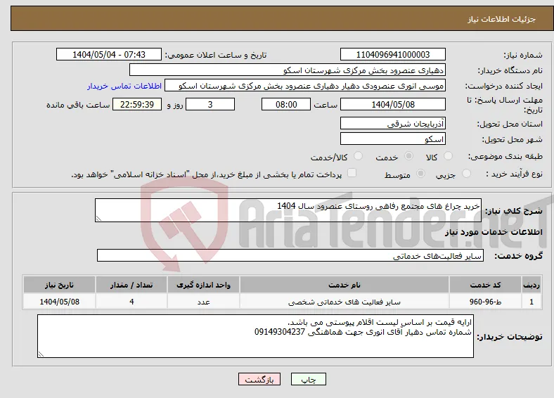 نیاز انتخاب تامین کننده-خرید چراغ های مجتمع رفاهی روستای عنصرود سال 1404 