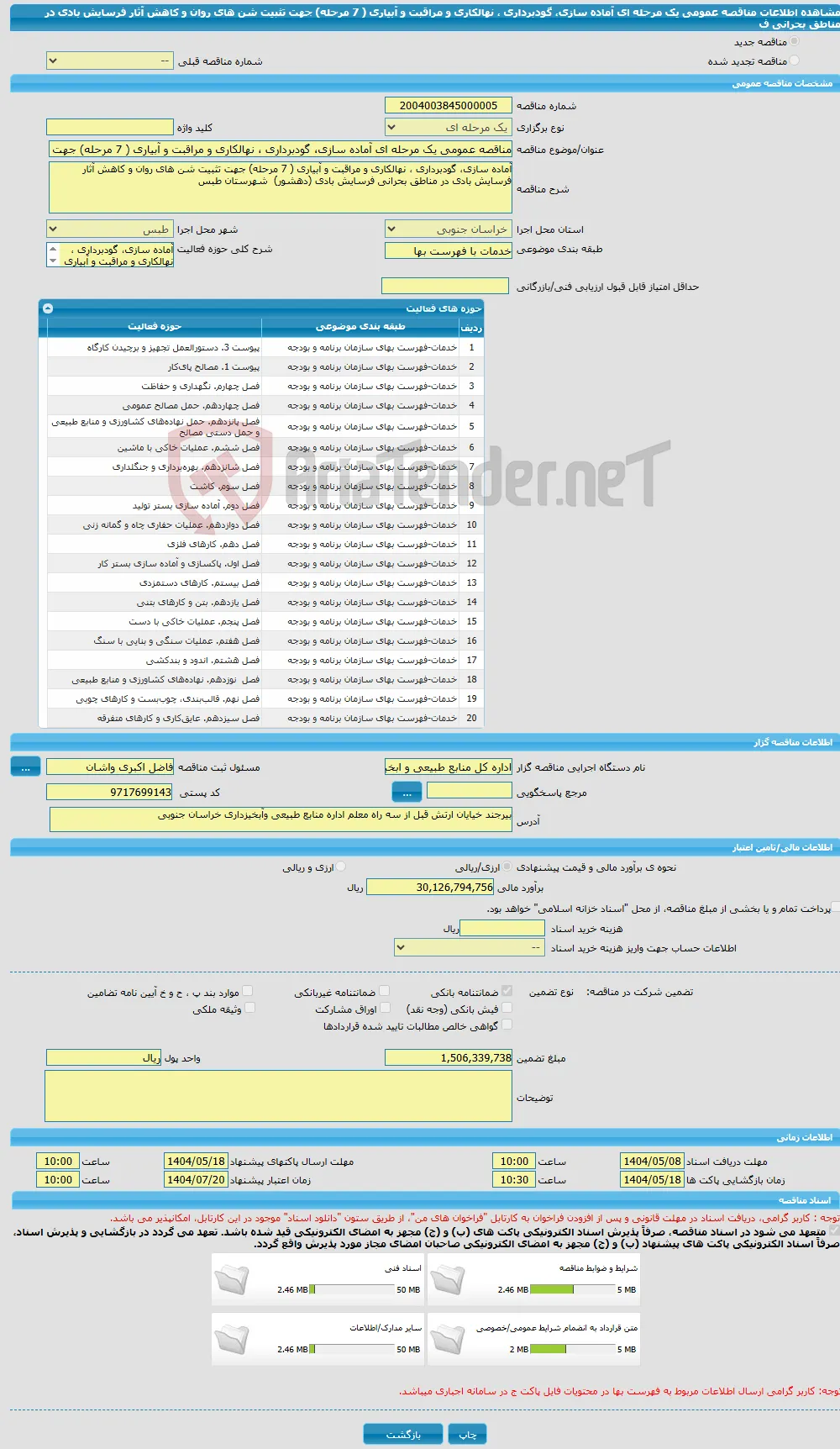 مناقصه عمومی یک مرحله ای آماده سازی، گودبرداری ، نهالکاری و مراقبت و آبیاری ( 7 مرحله) جهت تثبیت شن های روان و کاهش آثار فرسایش بادی در مناطق بحرانی ف