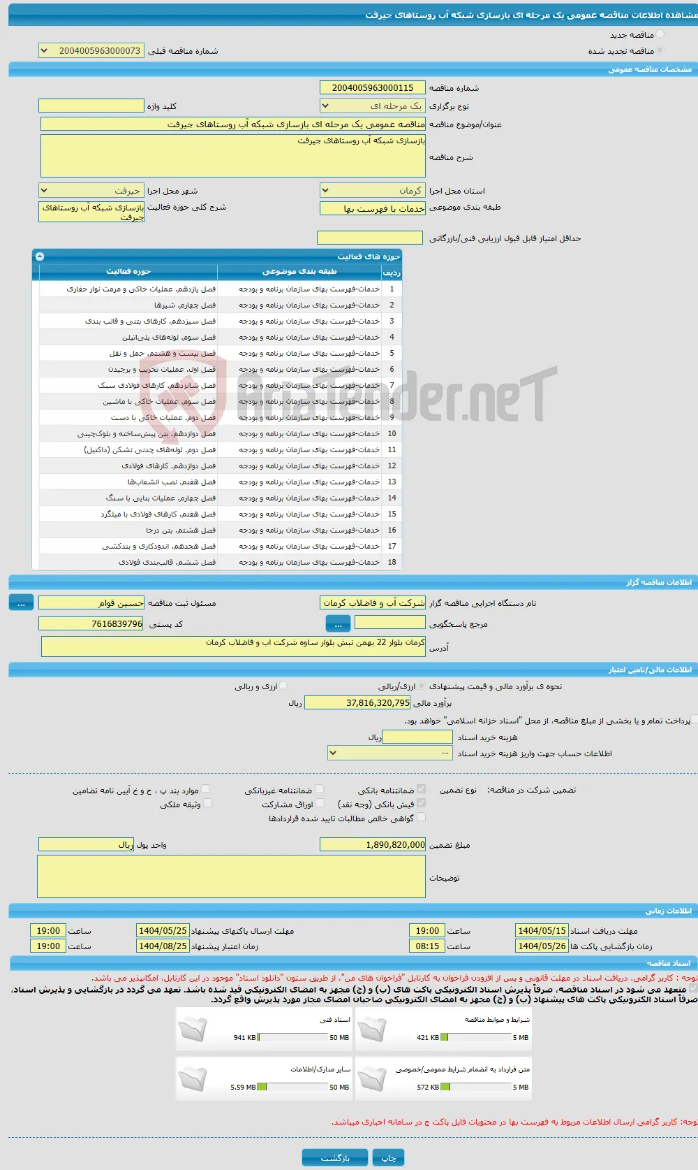 مناقصه عمومی یک مرحله ای بازسازی شبکه آب روستاهای جیرفت