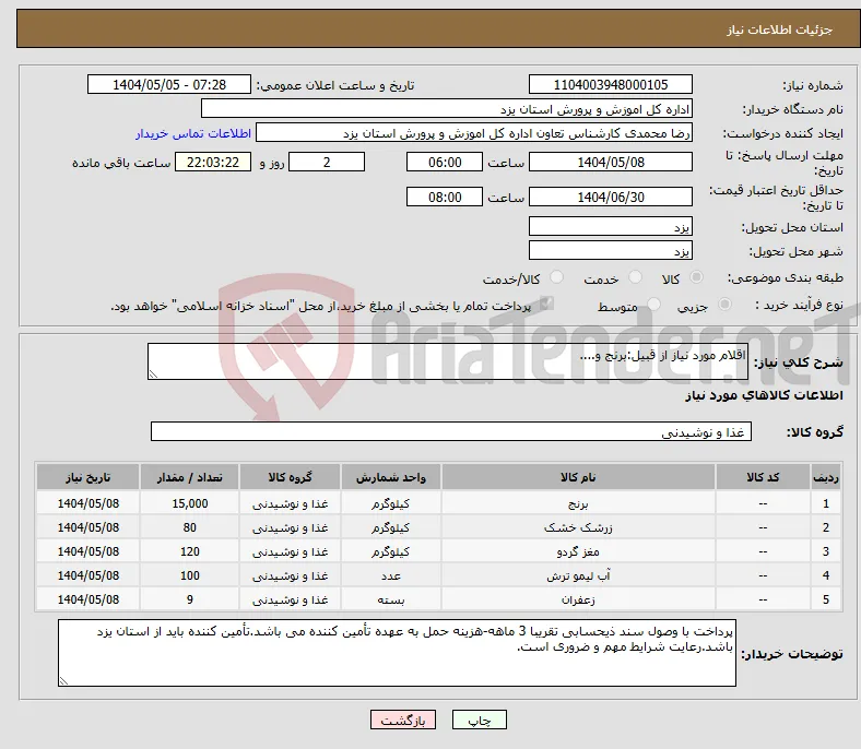 نیاز انتخاب تامین کننده-اقلام مورد نیاز از قبیل:برنج و....