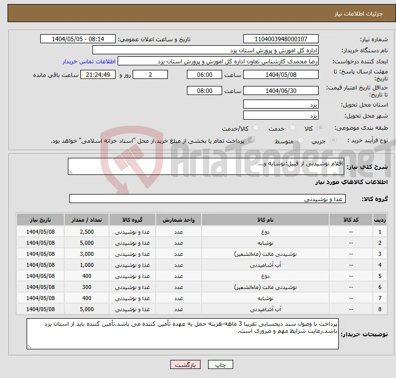 نیاز انتخاب تامین کننده-اقلام نوشیدنی از قبیل:نوشابه و...