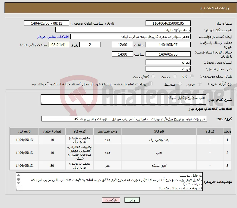 نیاز انتخاب تامین کننده-هاب سوئیج و کابل شبکه 
