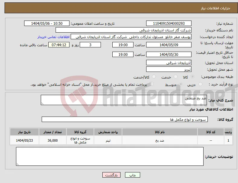 نیاز انتخاب تامین کننده-ضد یخ صنعتی
