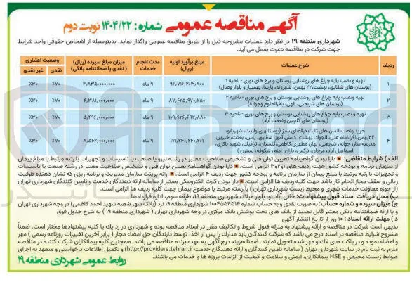 تهيه و نصب پایه چراغ های روشنایی بوستان و برج های نوری