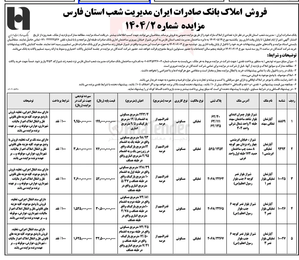فروش املاک در 5 ردیف با کاربری مسکونی