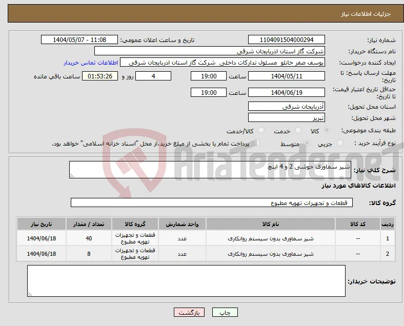 نیاز انتخاب تامین کننده-شیر سماوری جوشی 2 و 4 اینچ