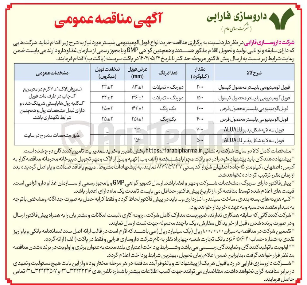 فویل آلومینیومی بلیستر محصول کپسول 
