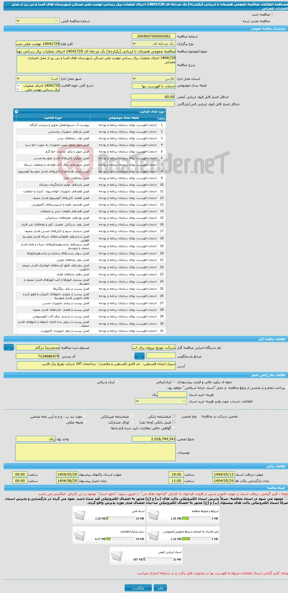 مناقصه عمومی همزمان با ارزیابی (یکپارچه) یک مرحله ای 14041729 اجرای عملیات برق رسانی نهضت ملی مسکن شهرستان های فسا و نی ریز از محل اعتبارات عمرانی