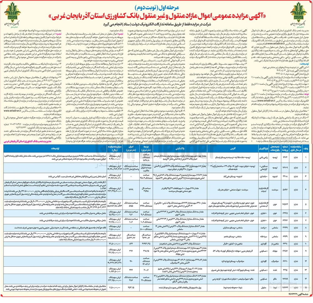 فروش اموال منقول و غیرمنقول و املاک در 15 ردیف با کاربری زراعی باغی - مسکونی - تجاری - گاوداری - سردخانه - منقول