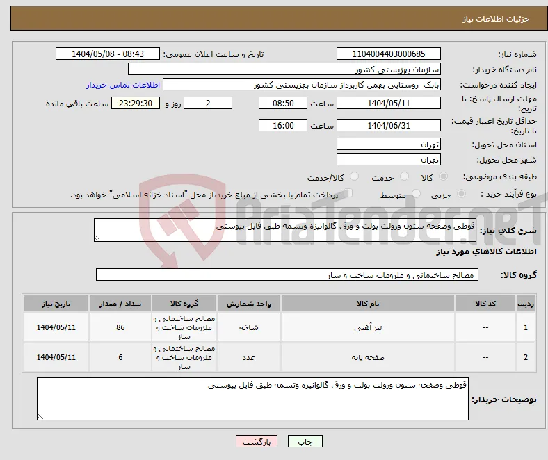 نیاز انتخاب تامین کننده-قوطی وصفحه ستون ورولت بولت و ورق گالوانیزه وتسمه طبق فایل پیوستی