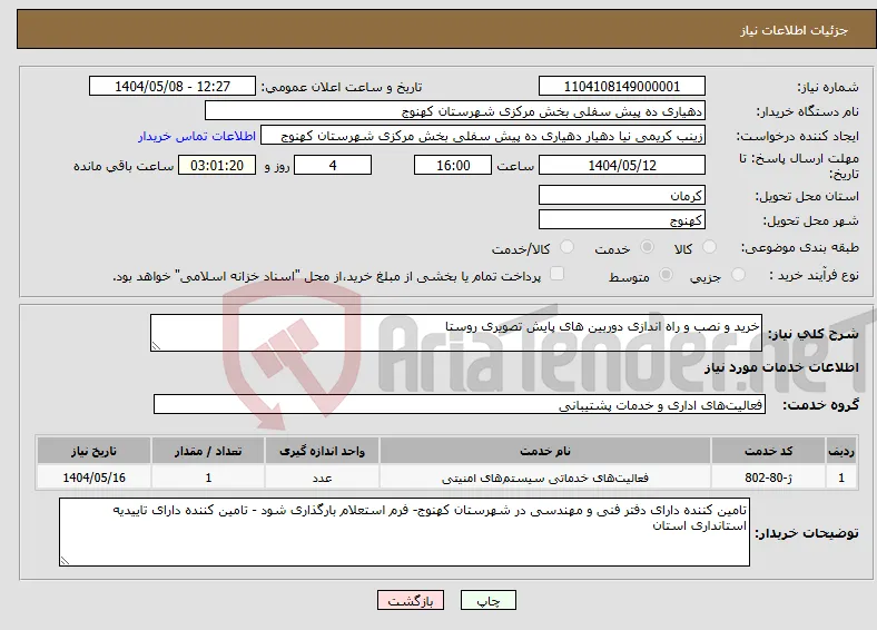 نیاز انتخاب تامین کننده-خرید و نصب و راه اندازی دوربین های پایش تصویری روستا 