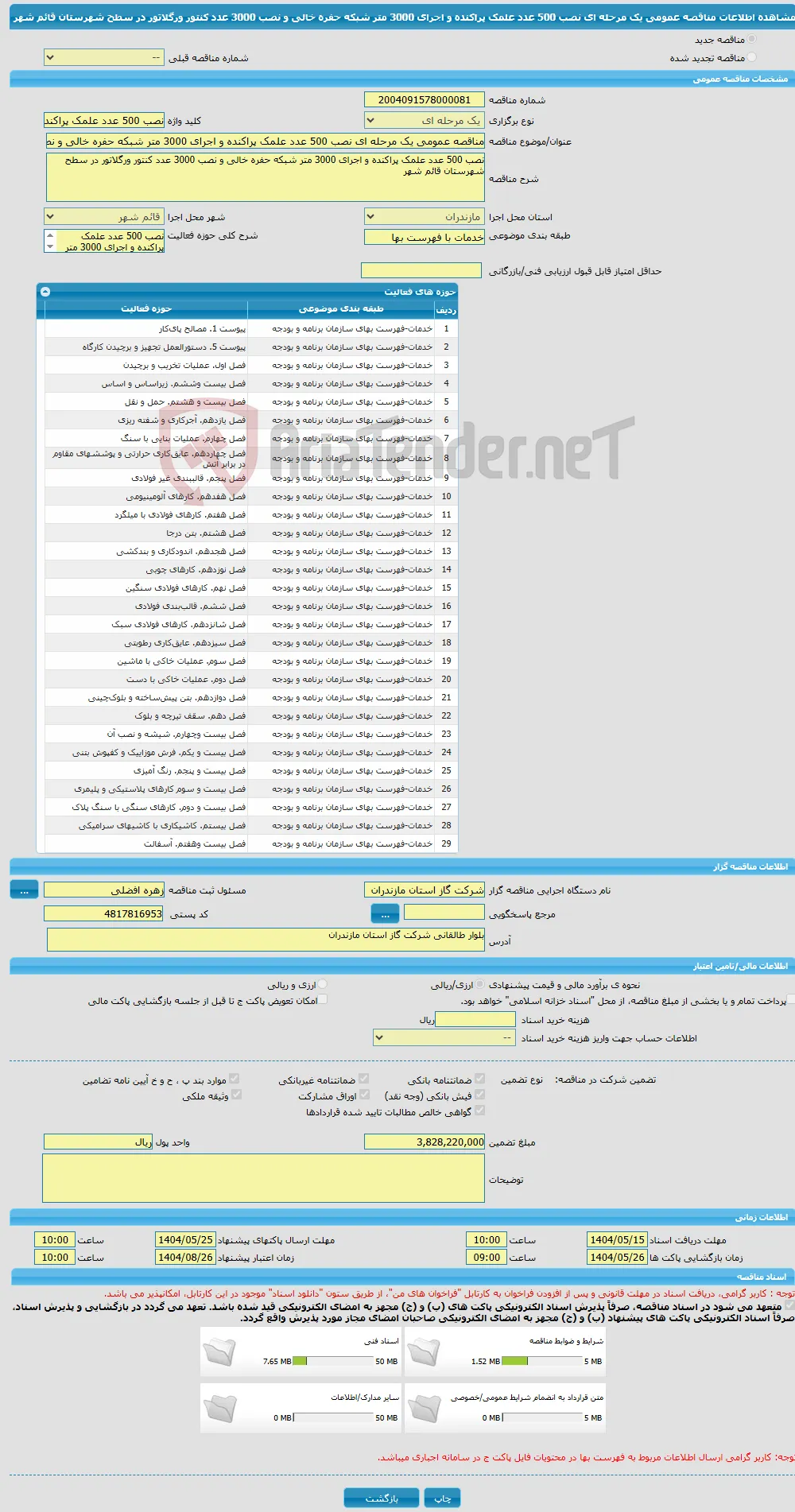 مناقصه عمومی یک مرحله ای نصب 500 عدد علمک پراکنده و اجرای 3000 متر شبکه حفره خالی و نصب 3000 عدد کنتور ورگلاتور در سطح شهرستان قائم شهر 