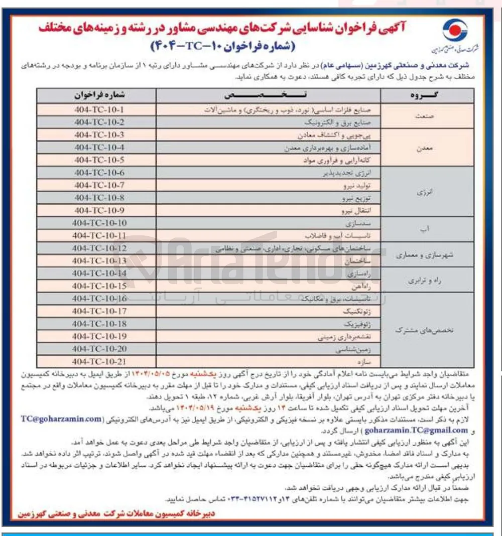 شناسایی شرکتهای مهندسی مشاور در گروه تخصص های مشترک و تخصص سازه