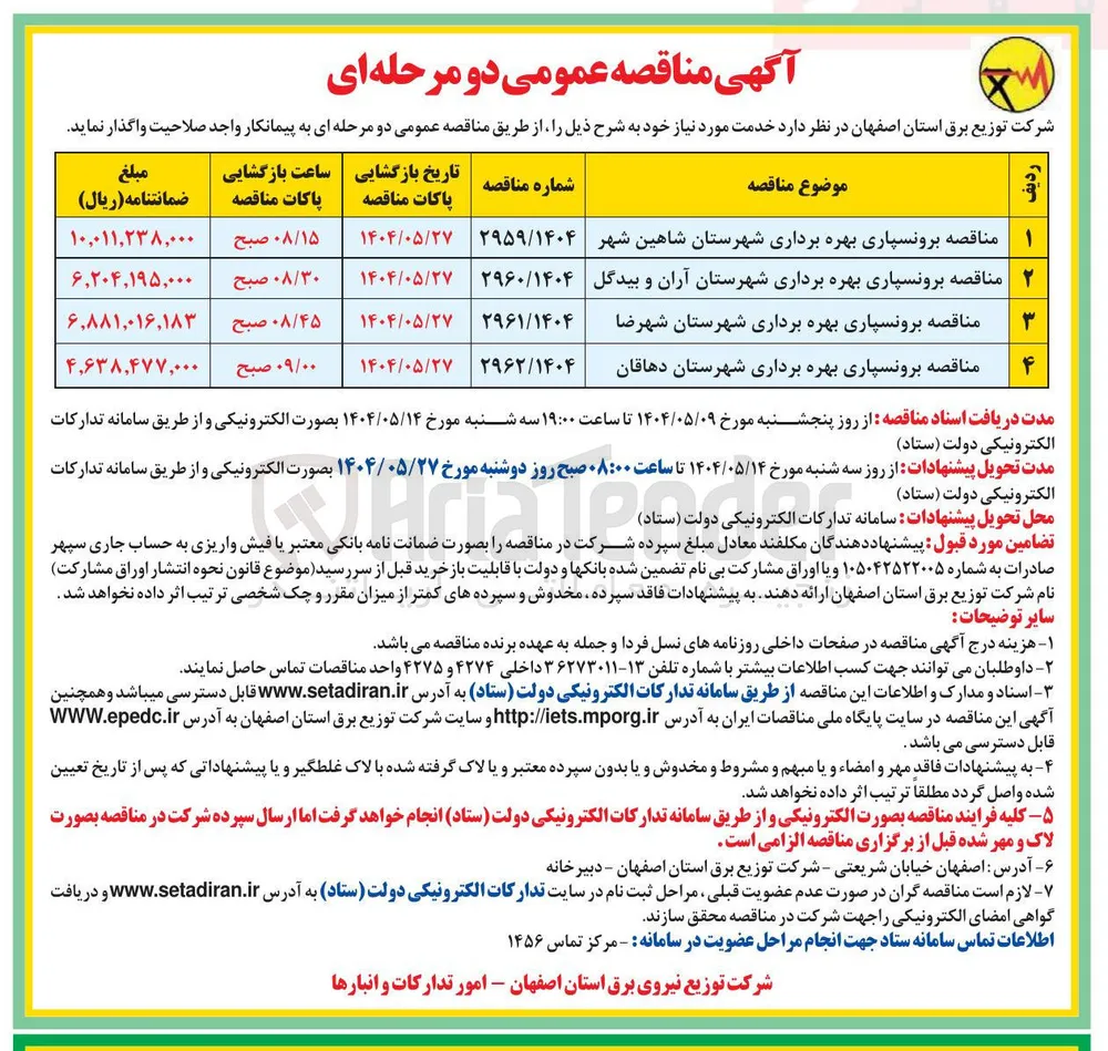 مناقصه برونسپاری بهره برداری