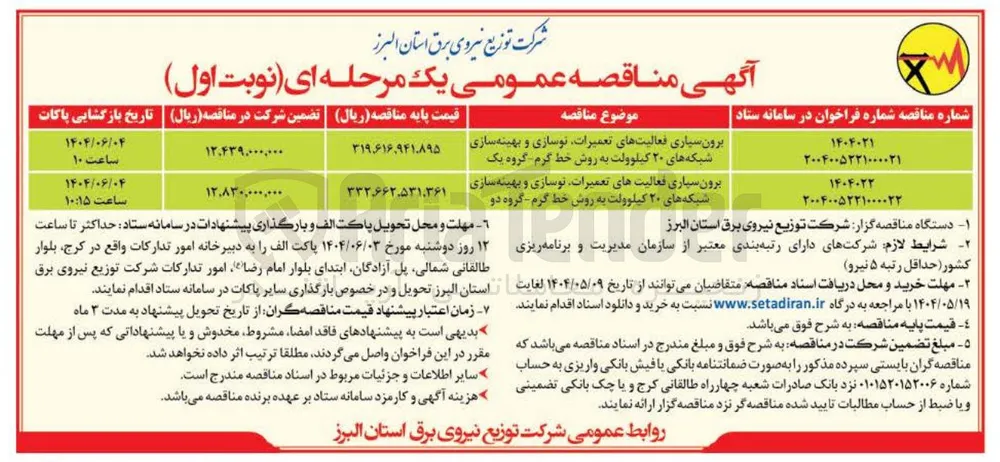 برون سپاری فعالیتهای تعمیرات نوسازی و بهینه سازی شبکه های ۲۰ کیلوولت به روش خط گرم