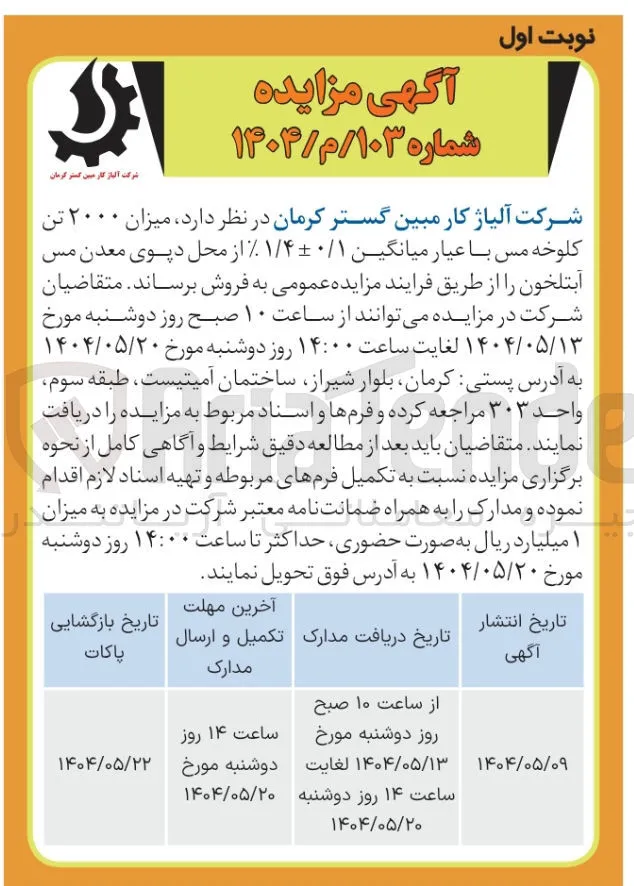 فروش میزان ۲۰۰۰ تن کلوخه مس با عیار میانگین ۰/۱-+۱/۴ ٪ 