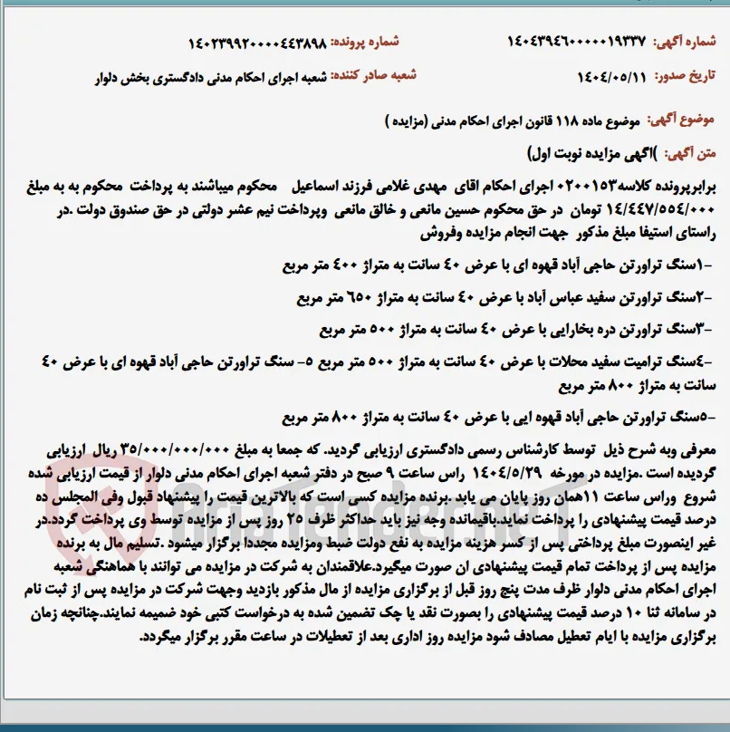 موضوع ماده 118 قانون اجرای احکام مدنی (مزایده )