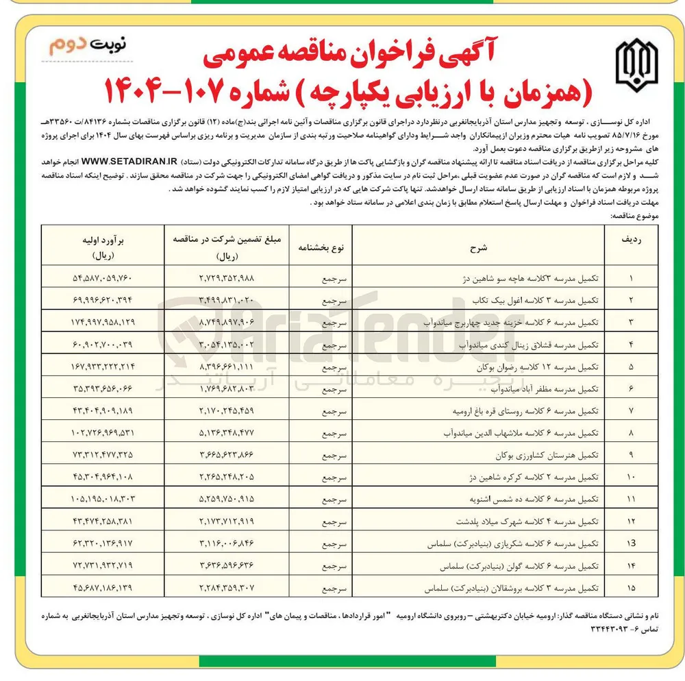 تکمیل مدرسه ۶ کلاسه 