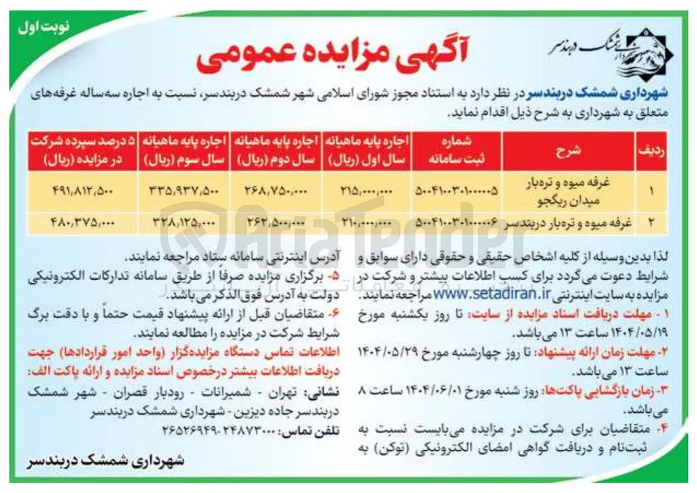 اجاره غرفه میوه و تره بار 