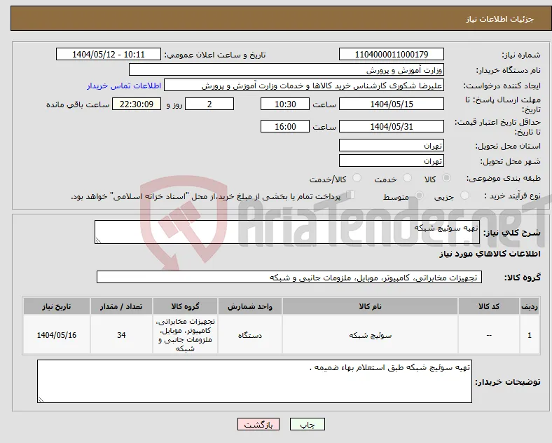 نیاز انتخاب تامین کننده-تهیه سوئیچ شبکه 