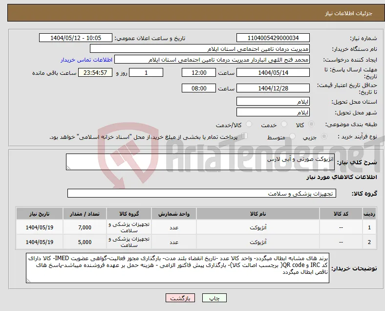 نیاز انتخاب تامین کننده-انژیوکت صورتی و آبی لارس
