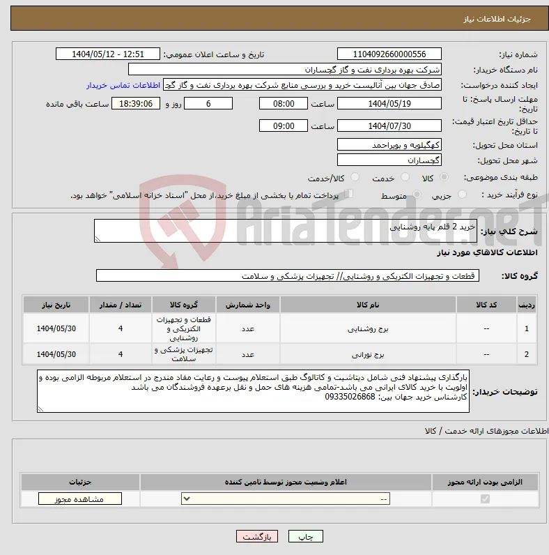 نیاز انتخاب تامین کننده-خرید 2 قلم پایه روشنایی