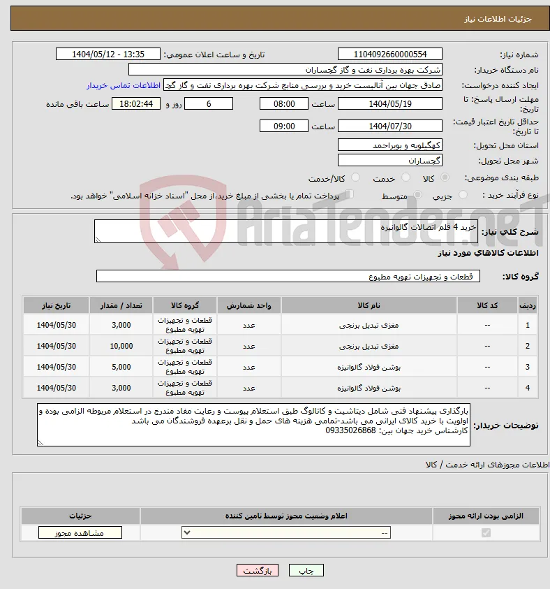 نیاز انتخاب تامین کننده-خرید 4 قلم اتصالات گالوانیزه