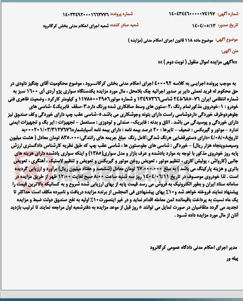 موضوع ماده 118 قانون اجرای احکام مدنی (مزایده )