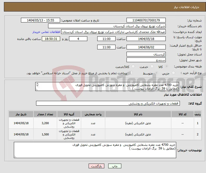 نیاز انتخاب تامین کننده-خرید 4700 عدد مقره بشقابی کامپوزیتی و مقره سوزنی کامپوزیتی تحویل فوری (مطابق با 59 برگ الزامات پیوست ) 