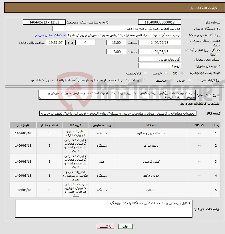 نیاز انتخاب تامین کننده-خرید تجهیزات شامل(کپی، پرینتر، کیس، دیتا پروزکتور، لپ تاپ)جهت استفاده در مدارس مدیریت آموزش و پرورش ناحیه 2 ارومیه