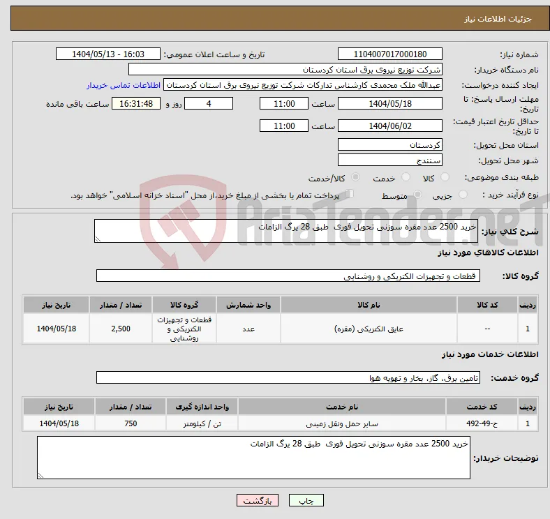 نیاز انتخاب تامین کننده-خرید 2500 عدد مقره سوزنی تحویل فوری طبق 28 یرگ الزامات