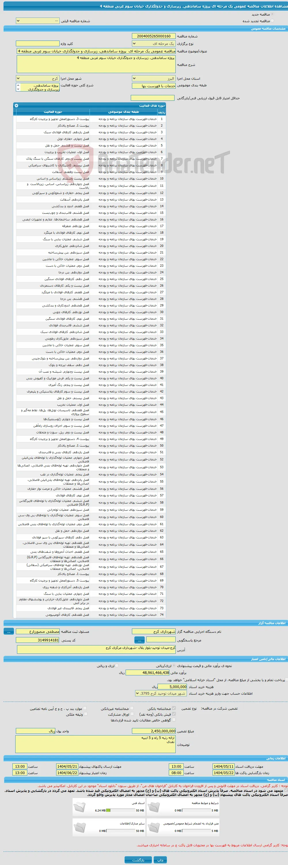 مناقصه عمومی یک مرحله ای پروژه ساماندهی، زیرسازی و جدولگذاری خیابان سوم غربی منطقه 4
