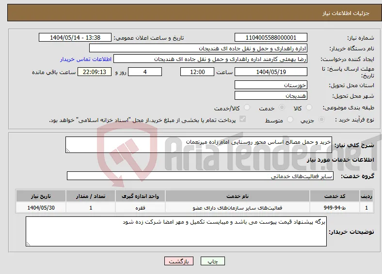 نیاز انتخاب تامین کننده-خرید و حمل مصالح اساس محور روستایی امام زاده میرنعمان