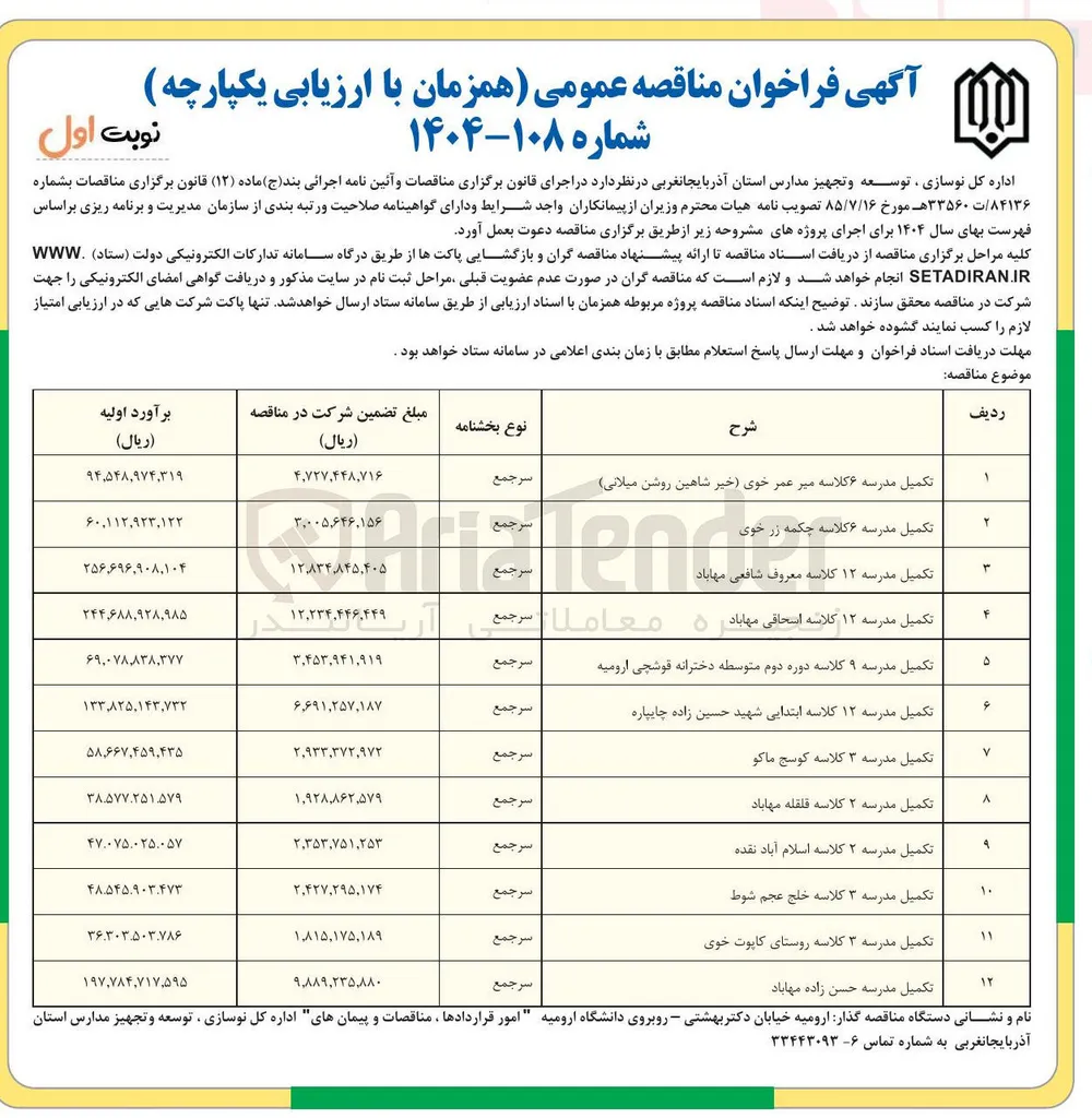 تکمیل مدرسه ۹ کلاسه دوره دوم متوسطه دخترانه