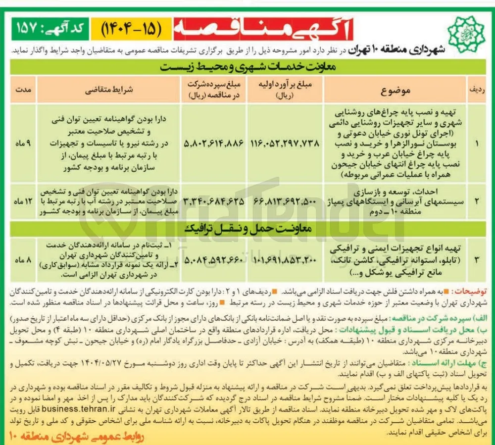 تهیه و نصب پایه چراغهای روشنایی شهری و سایر تجهیزات روشنایی دائمی (اجرای تونل نوری و خرید و نصب پایه چراغ )