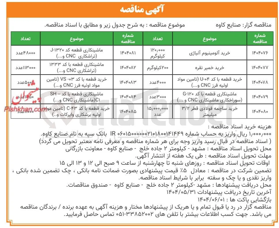 خرید قطعه با کد U-04 (تامین مواد اولیه فرز CNC و...) ۴۰۰۰ عدد